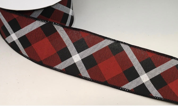 Wired Red, Black, and Gray Cross Plaid Christmas Ribbon- 1.5”x 10 Yards