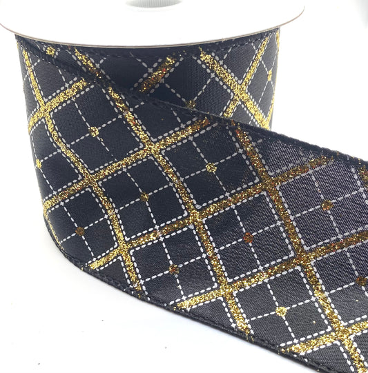 2.5” x 10yd Wired Black Satin Gold Glitter Cross Diagonal Plaid Ribbon