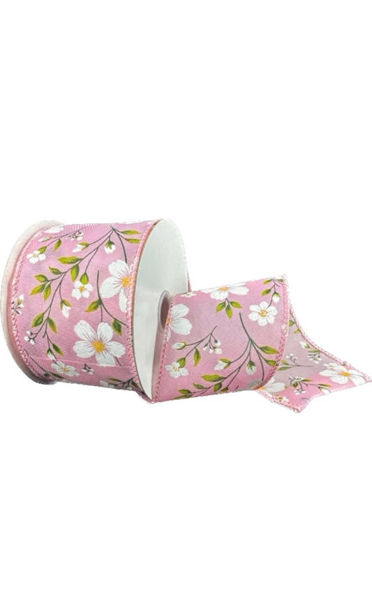 Wired Pink Satin White Flaxseed Flower Ribbon-2.5”x10 Yards