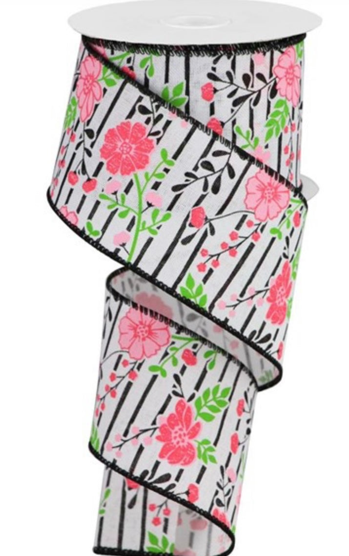 2.5" Wired Black and  White Lines Ribbon with Pink Florals - 10 Yards