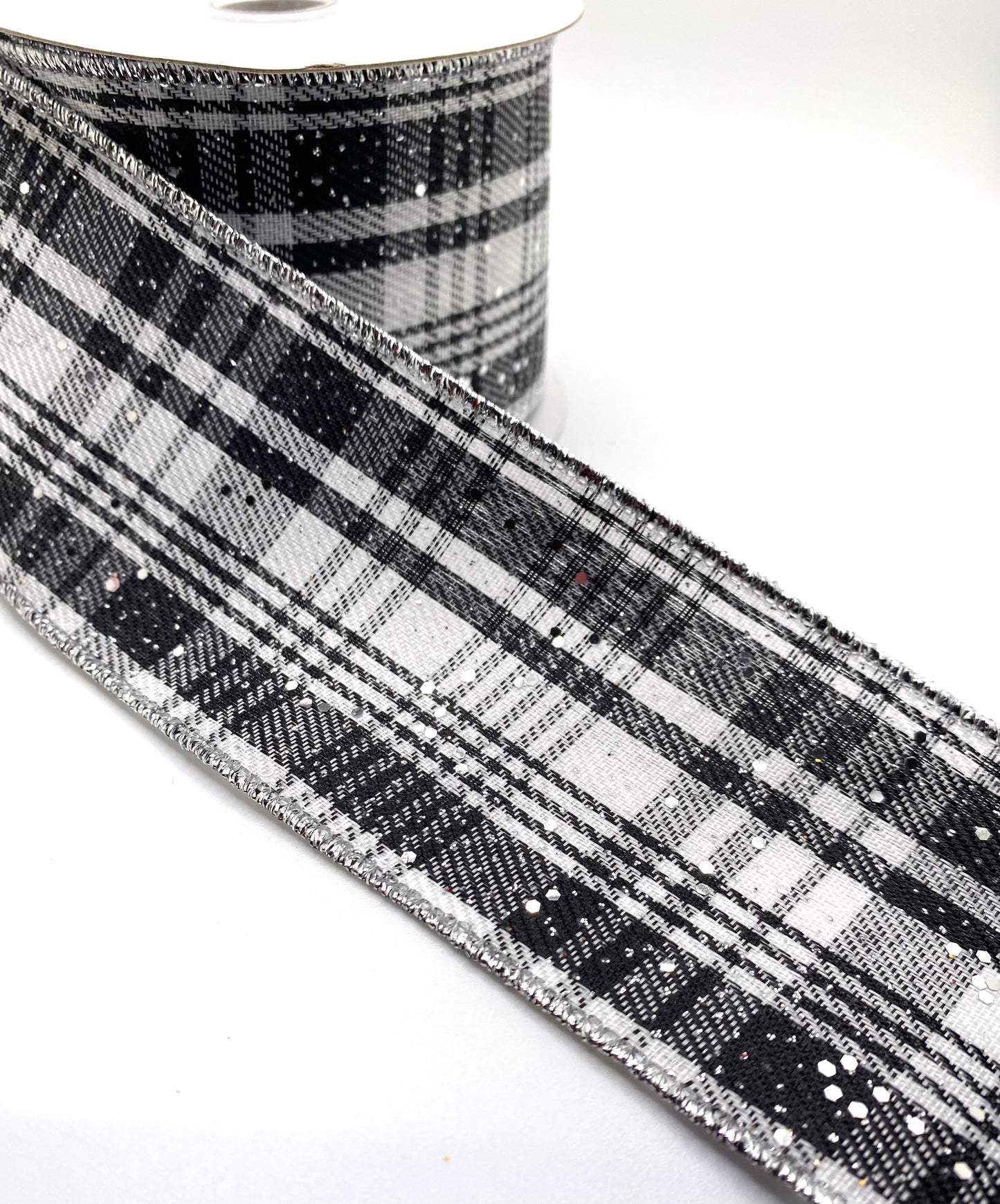 10 Yards - 2.5” Wired White Glittered Black White Silver Plaid Ribbon