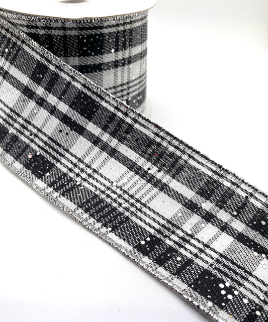 10 Yards - 2.5” Wired White Glittered Black White Silver Plaid Ribbon