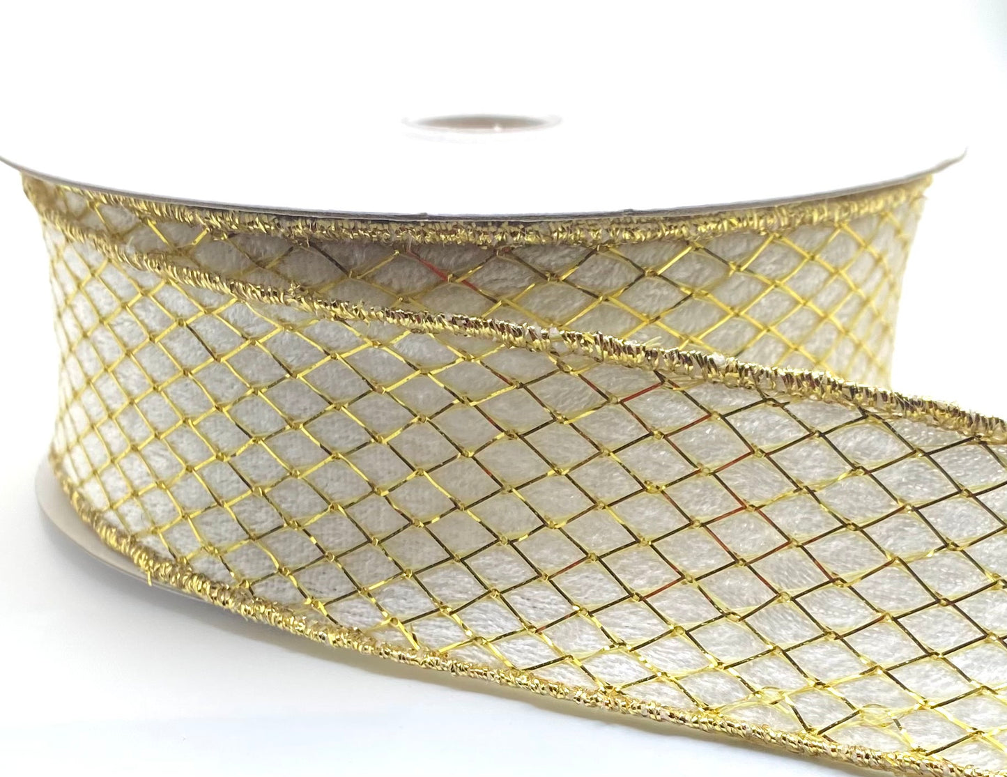 10 Yards - 1.5" Wired White Velvet Gold Net Overlay Ribbon