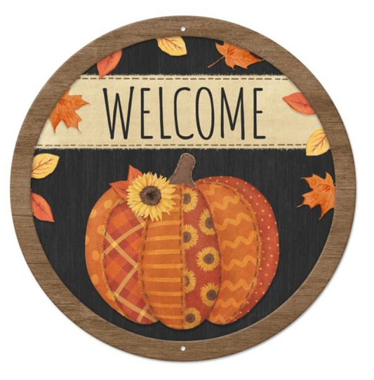 12” Round Metal Embossed Quilted Pumpkin Wreath Sign