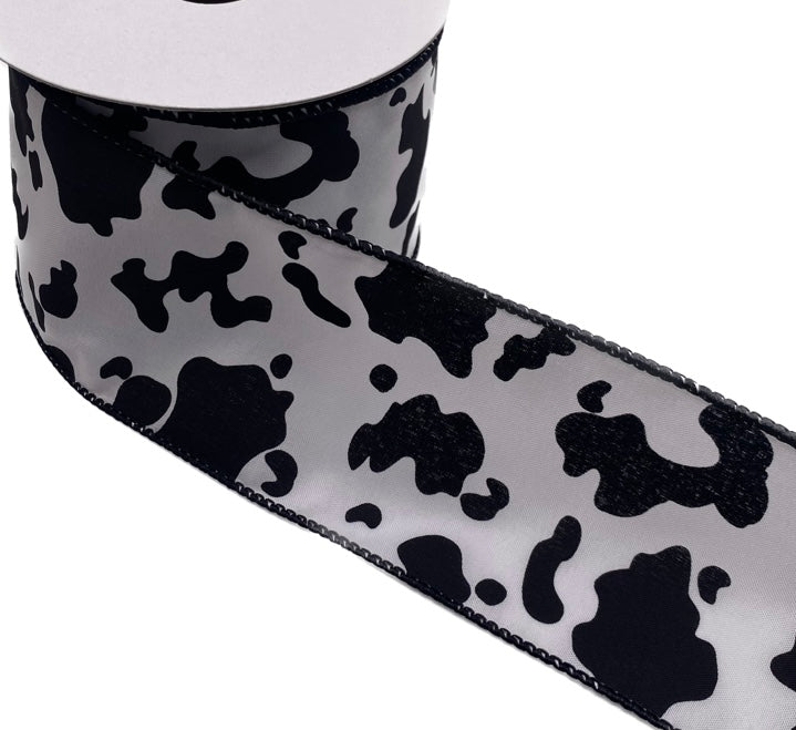 10 Yards - 2.5” Wired Black and White Cow Print Ribbon