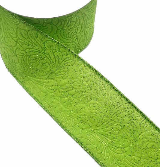 10 Yards - 2.5” Wired Lime Green with Glitter Floral Embossed Ribbon