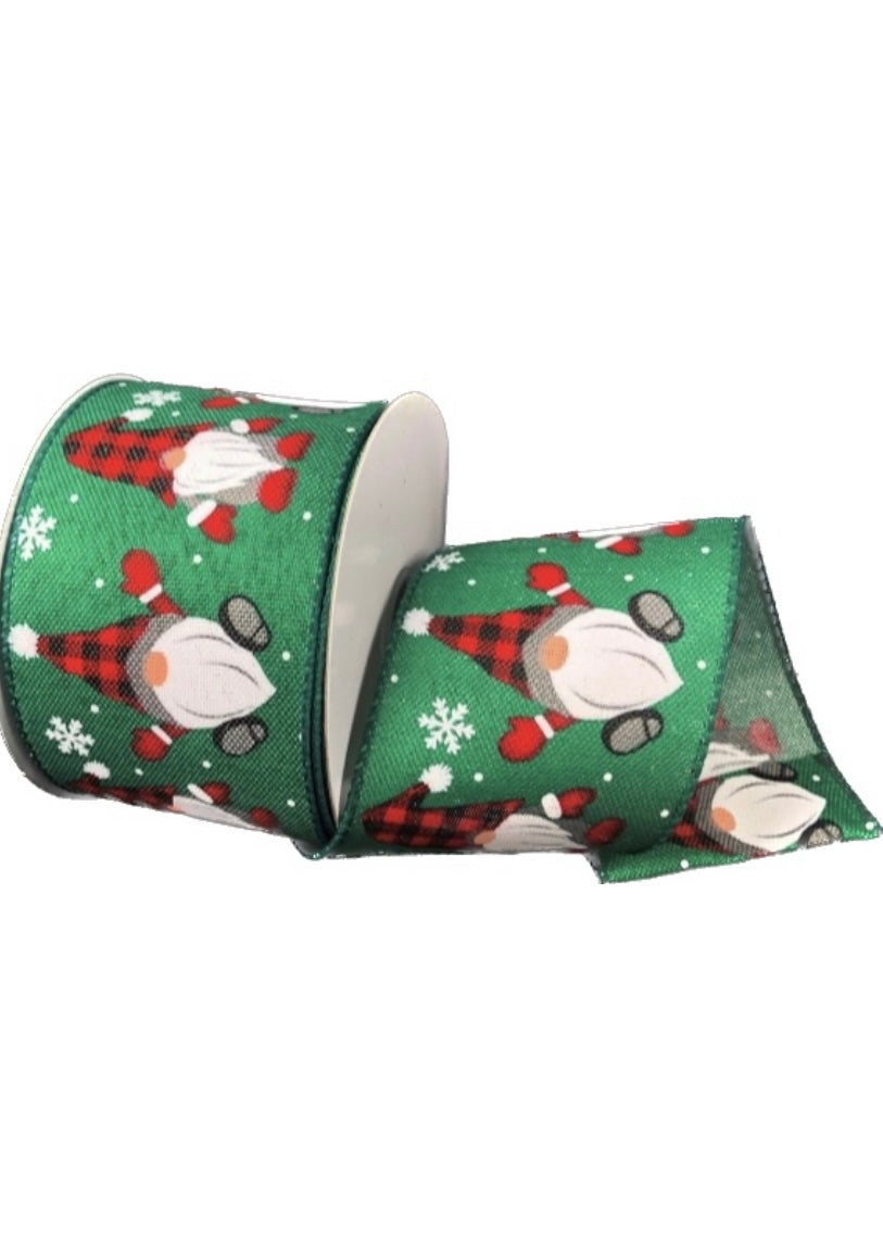 10 Yards - 2.5" Wired Hunter Green Background Winter Gnome Ribbon