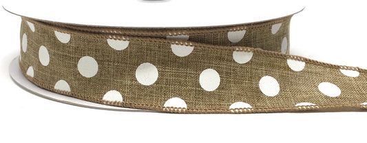 50 Yards - 1.5” Wired Natural Background with White Polka Dots Ribbon