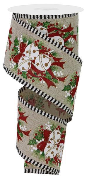 10 Yards - 2.5” Wired Jingle Bells on Natural Background Christmas Ribbon