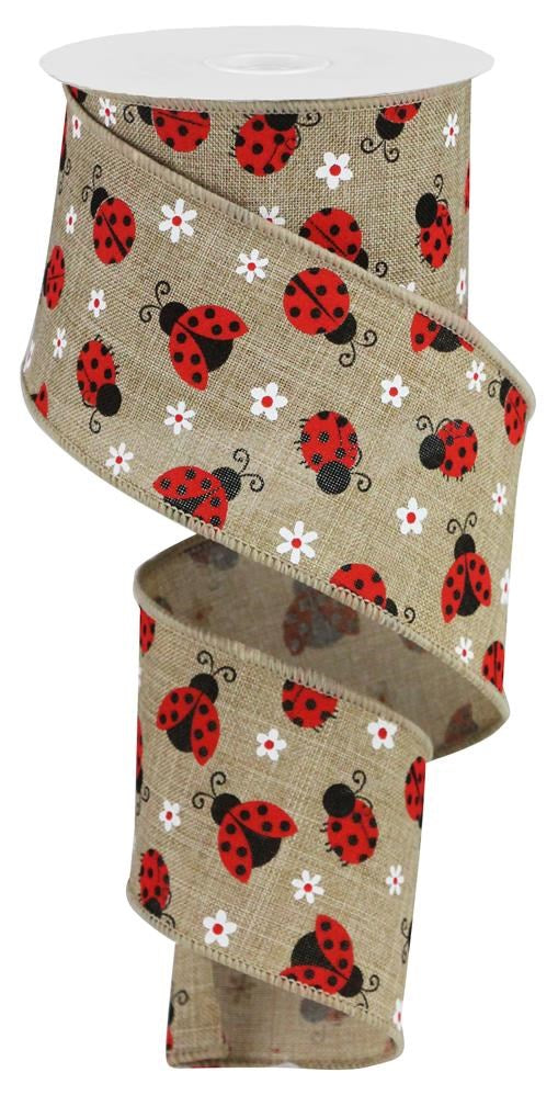 10 Yards - 2.5” Red Ladybug and White Flowers Ribbon