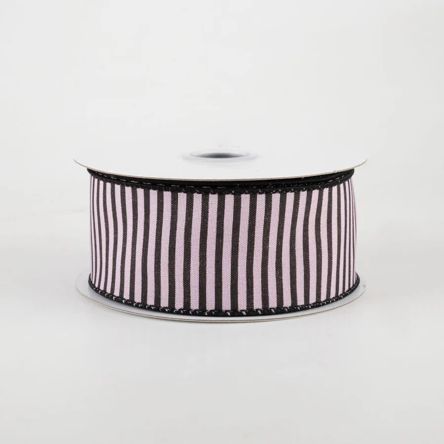 10 Yards - 1.5” Wired Light Pink and Black Stripe Ribbon
