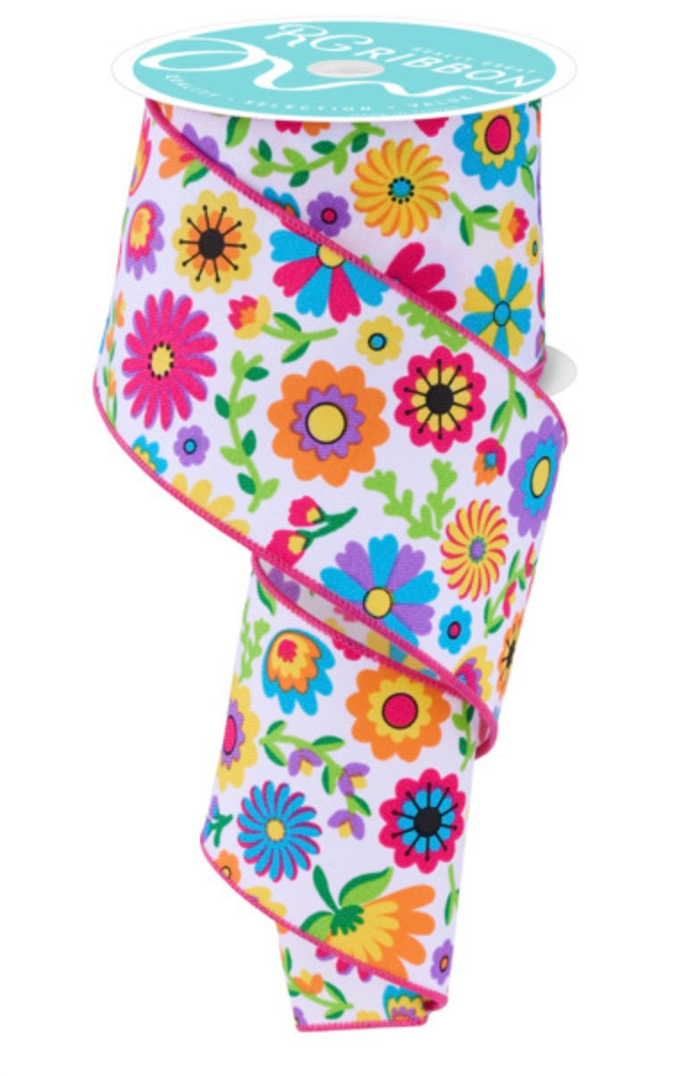 10 Yards - 2.5” Wired Fiesta Flowers on White Background Ribbon