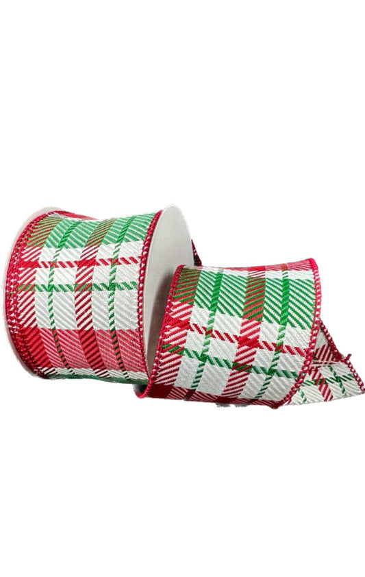 Wired Red, Emerald, White Christmas Plaid Ribbon- 2.5”x10 Yards