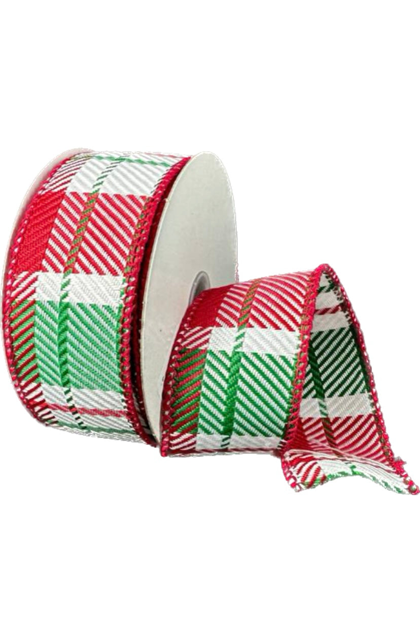 Wired Red, Emerald, White Christmas Plaid Ribbon- 1.5”x10 Yards