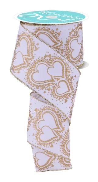 Wired White with Gold Hearts Ribbon-2.5”x10 Yards