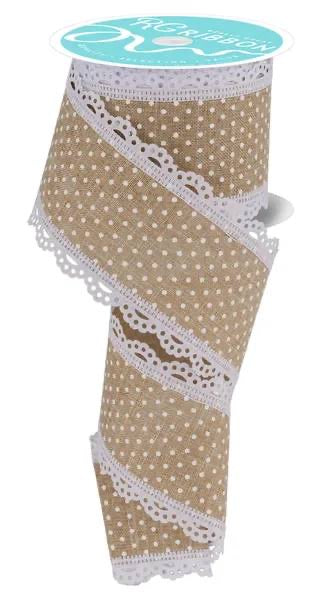 10 Yards - 2.5” Wired Beige and White Swiss Dot Ribbon with Lace Edge
