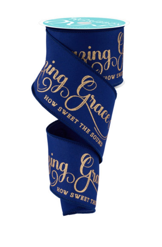 10 Yards - 2.5" Wired Navy and Gold Amazing Grace Religious Ribbon