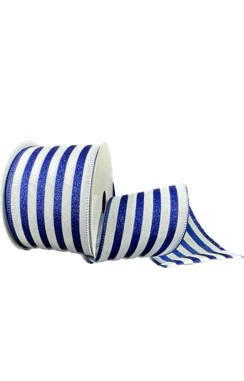 Wired White Ponche Royal Blue Glitter Cabana Strip Ribbon-2.5”x10 Yards