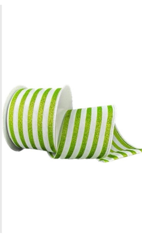 Wired White Ponche Lime Glitter Cabana Strip Ribbon-2.5”x10 Yards