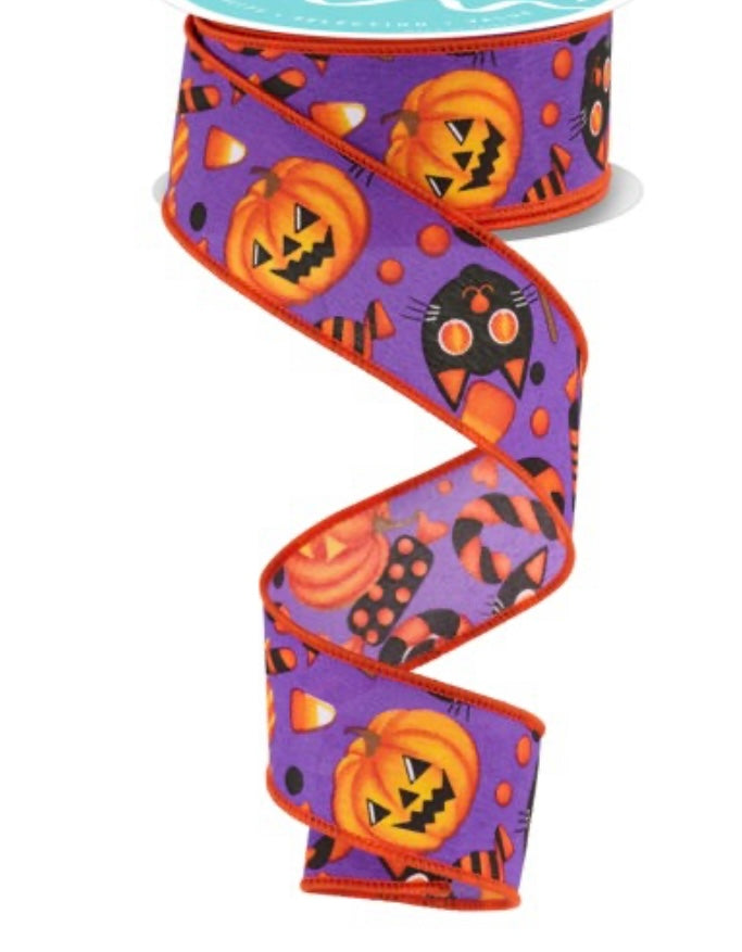 10 Yards - 1.5” Wired Pumpkin Cat Candy Purple Background Ribbon