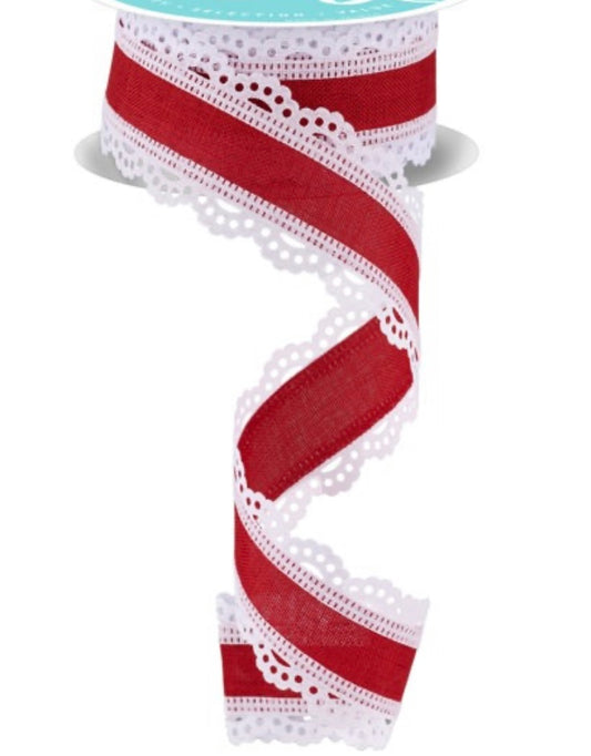 10 Yards - 1.5" Wired Red Background with Lace Edge Ribbon