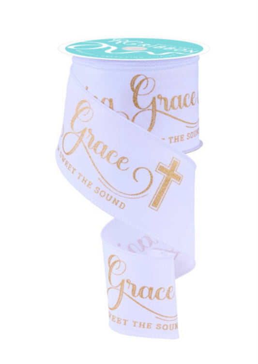 10 Yards - 2.5" Wired White and Gold Amazing Grace Religious Ribbon
