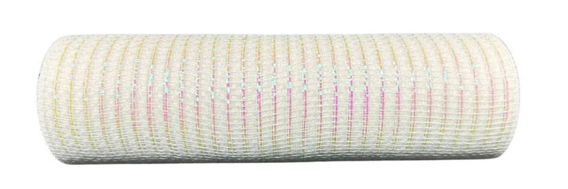 10”x10yd White with Iridescent Stripes Breeze Metallic Mesh