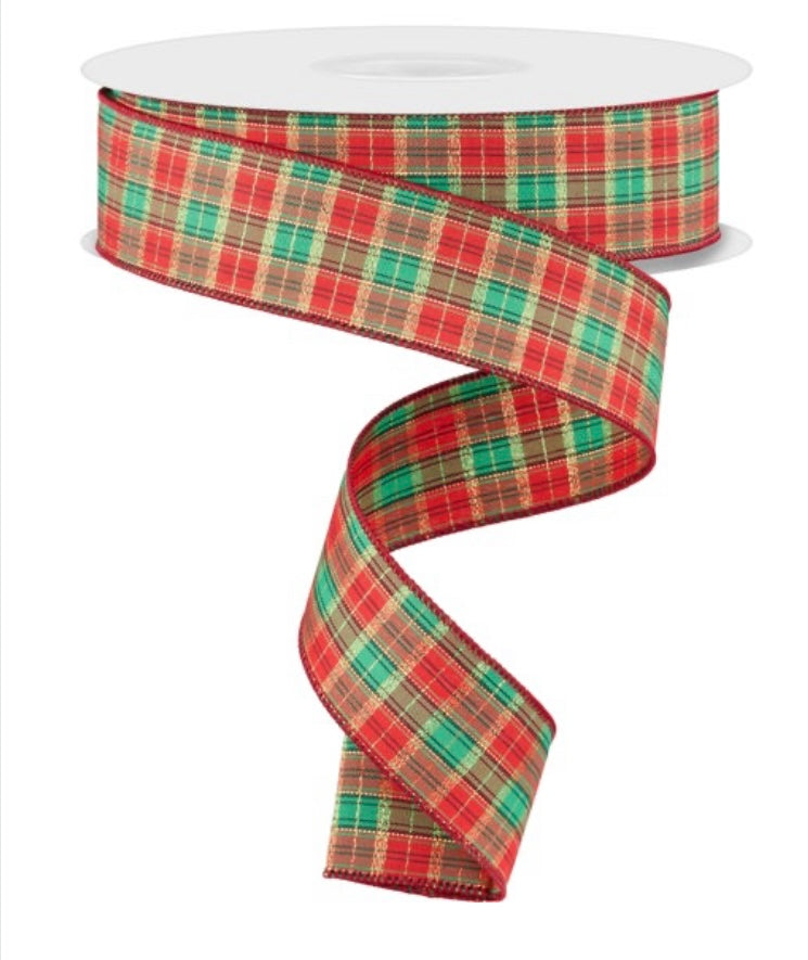 50 Yards - 1.5” Wired Red Green Gold Woven Check Ribbon – foxwreathsupplies