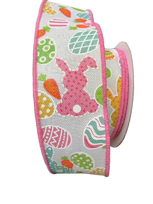 10 Yards - 1.5” Wired White Bunny Carrots and Eggs Ribbon