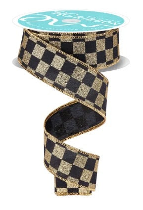 Wired Black and Gold Print Glitter Check Ribbon- 1.5”x10 Yards