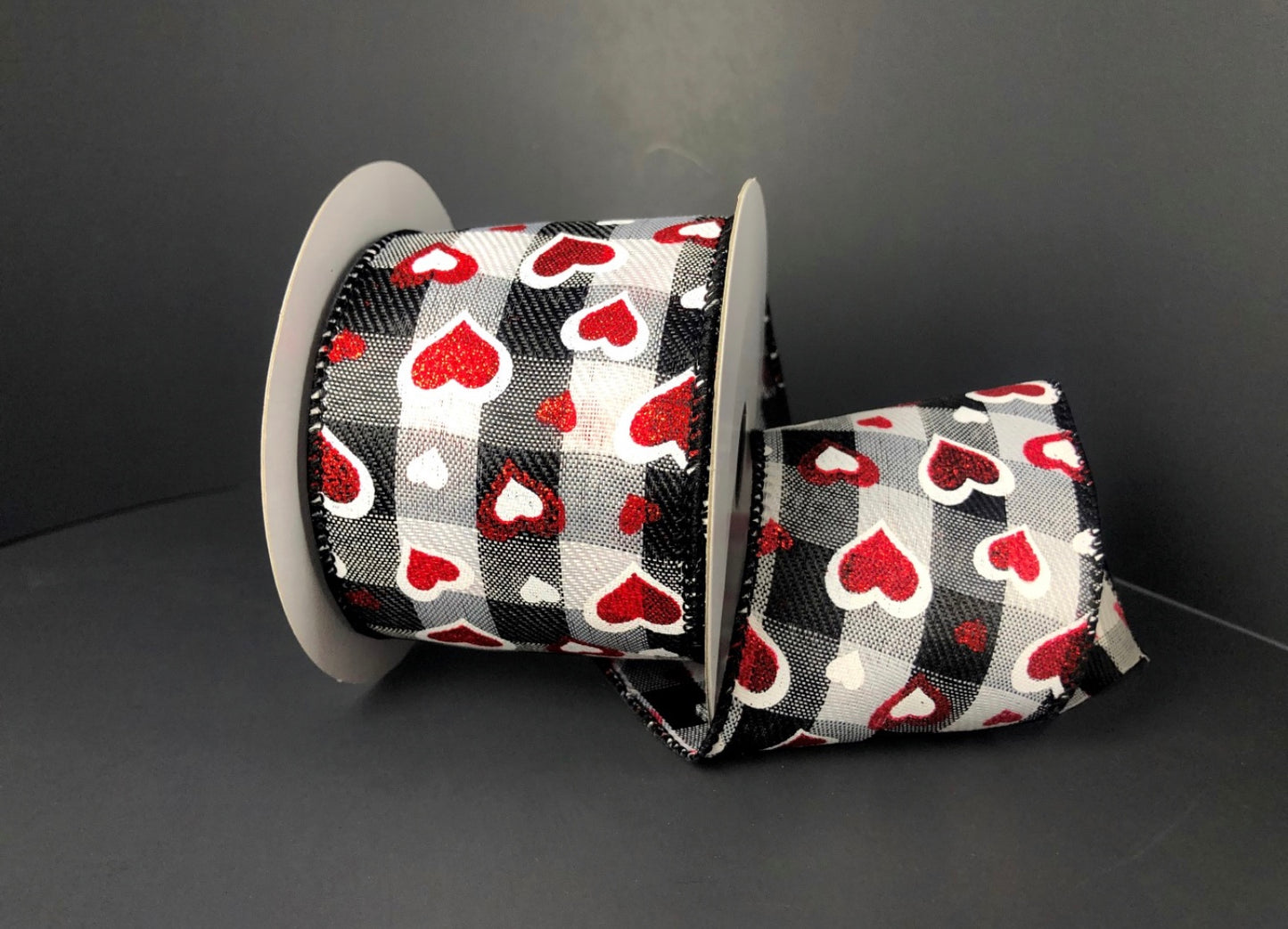 10 Yards - 2.5" Wired Black and White Check Valentines Day Glitter Heart Ribbon