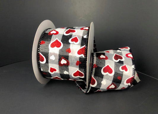 10 Yards - 2.5" Wired Black and White Check Valentines Day Glitter Heart Ribbon