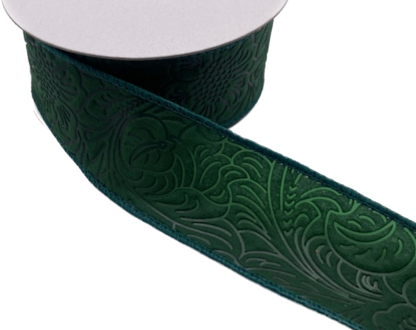 10 Yards - 1.5” Wired Hunter Green Floral Embossed Ribbon