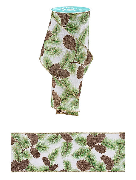 Wired Pine Cone Branch Ribbon- 4”x10 Yards