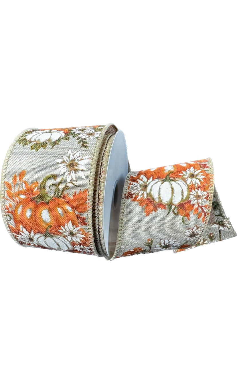 Wired Fall Pumpkins and Flowers with Glitter Accent on Poly Linen Ribbon- 2.5”x10 Yards