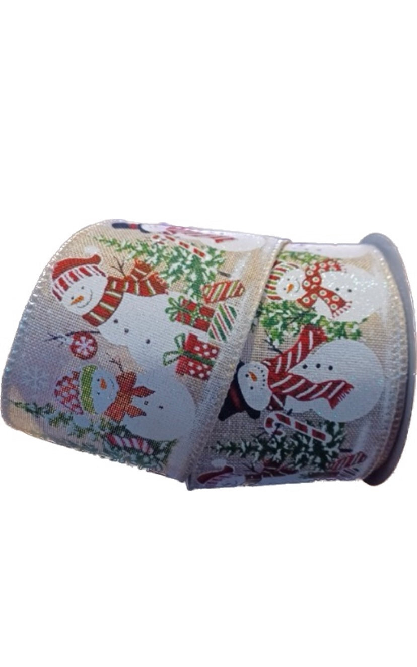 Wired Winter Snowman Scene on Natural Ribbon-2.5”x10 Yards