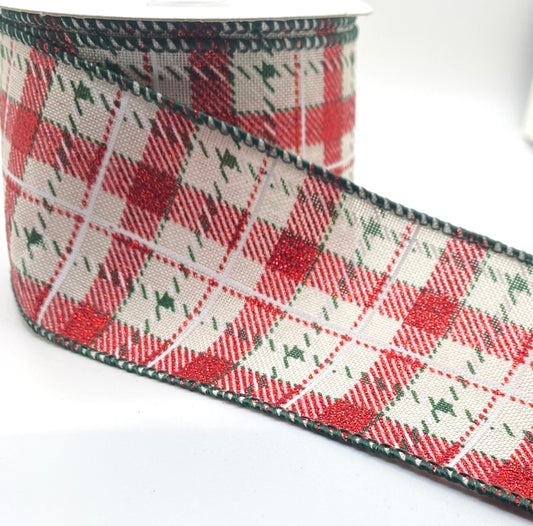 10 Yards - 2.5” Wired Hunter Green White Canvas Red Glitter Plaid Ribbon