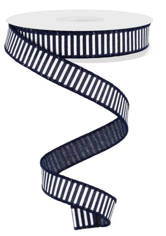 10 Yards - 5/8” Wired Navy Blue and White Stripe Ribbon