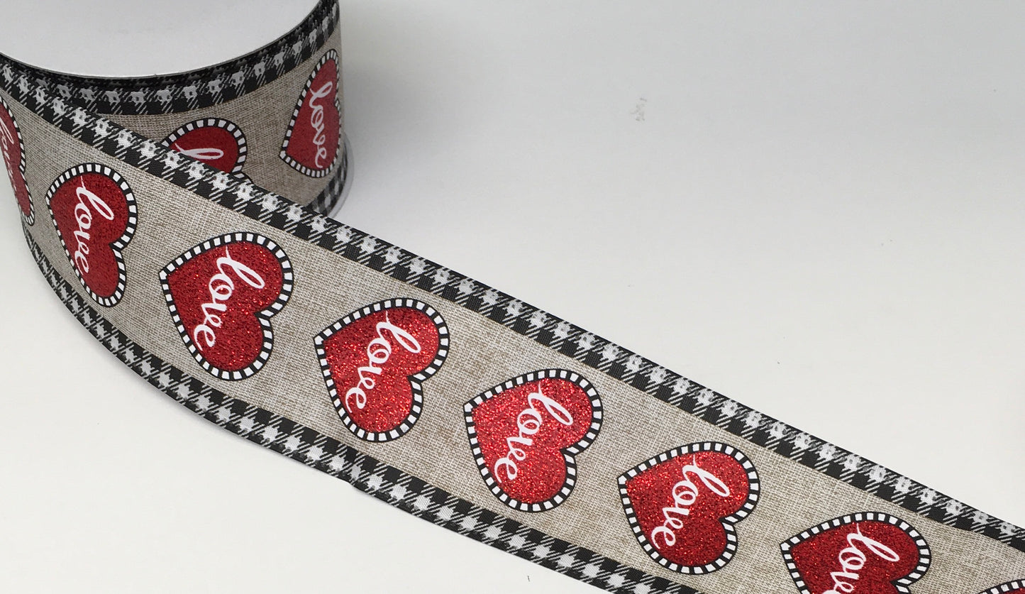 10 Yards - 2.5” Wired Natural Background Valentine Love Heart Ribbon with Black and White Check Edge