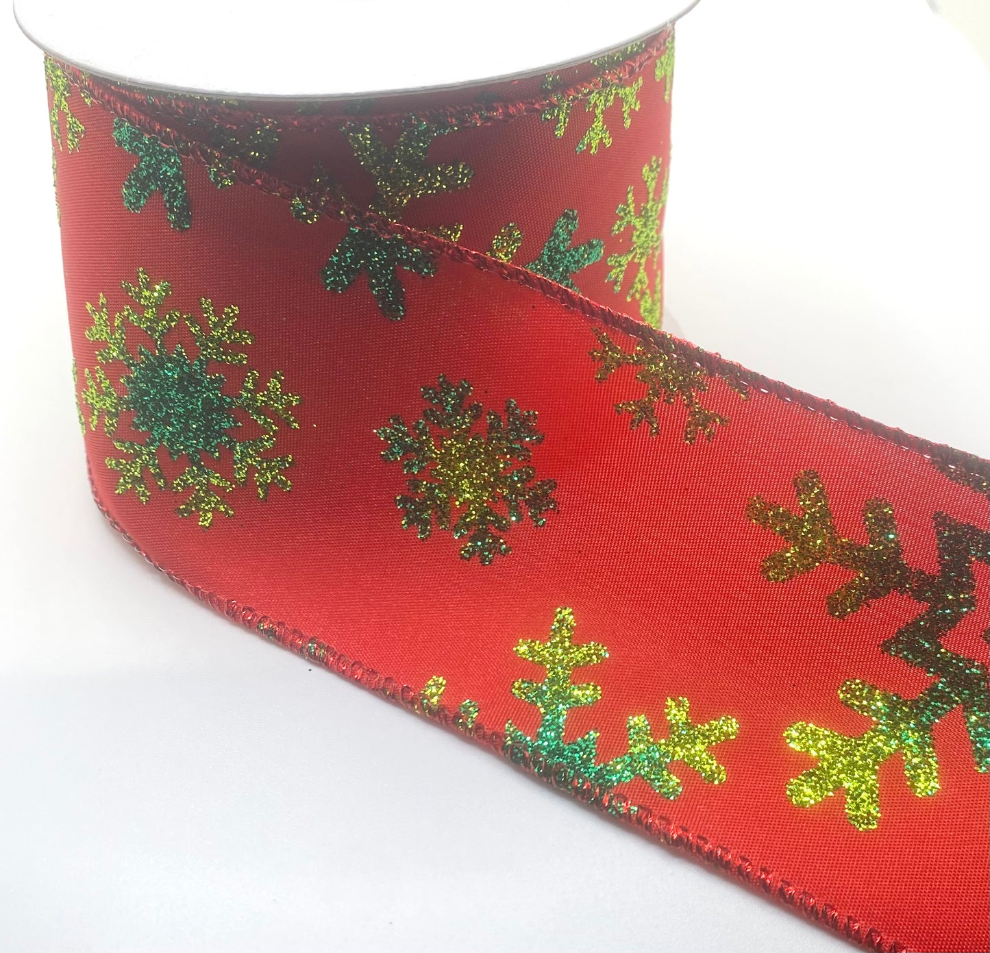 10 Yards - 2.5" Wired Red and Green Glitter Snowflake Ribbon