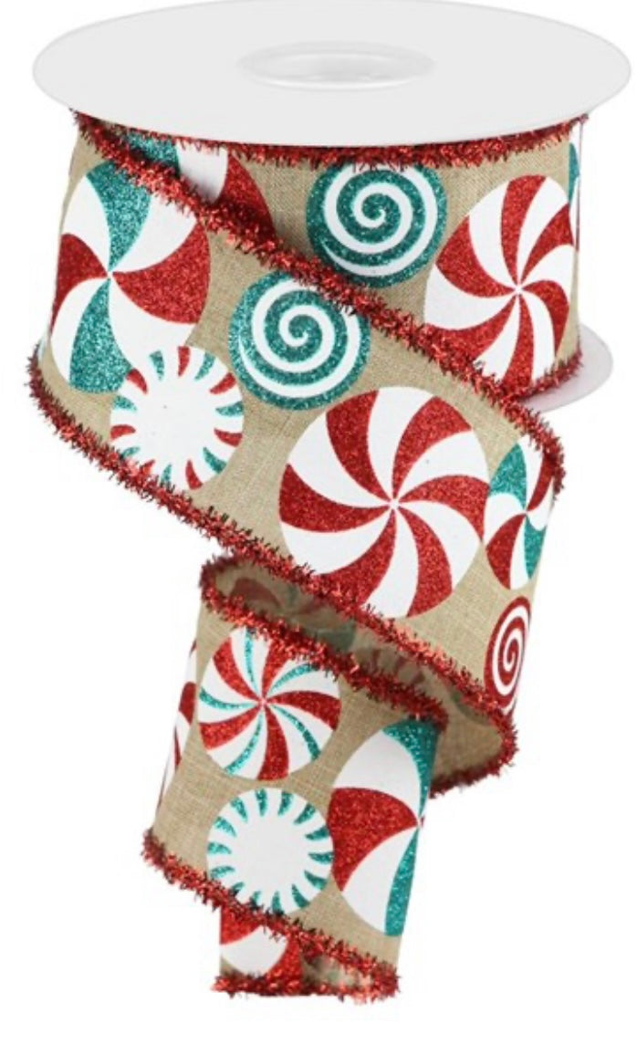 10 Yards - 2.5” Wired Peppermint Candy with Tinsel Edge Christmas Ribbon