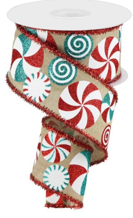 10 Yards - 2.5” Wired Peppermint Candy with Tinsel Edge Christmas Ribbon