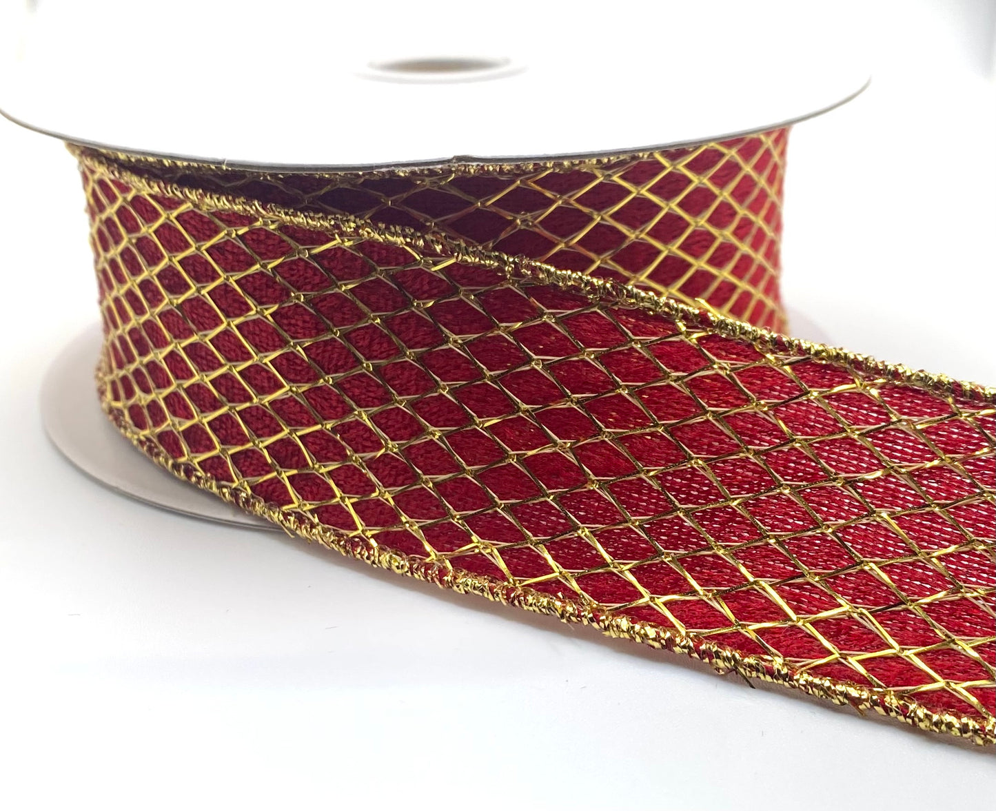 10 Yards - 1.5” Wired Red Velvet Gold Net Overlay Ribbon