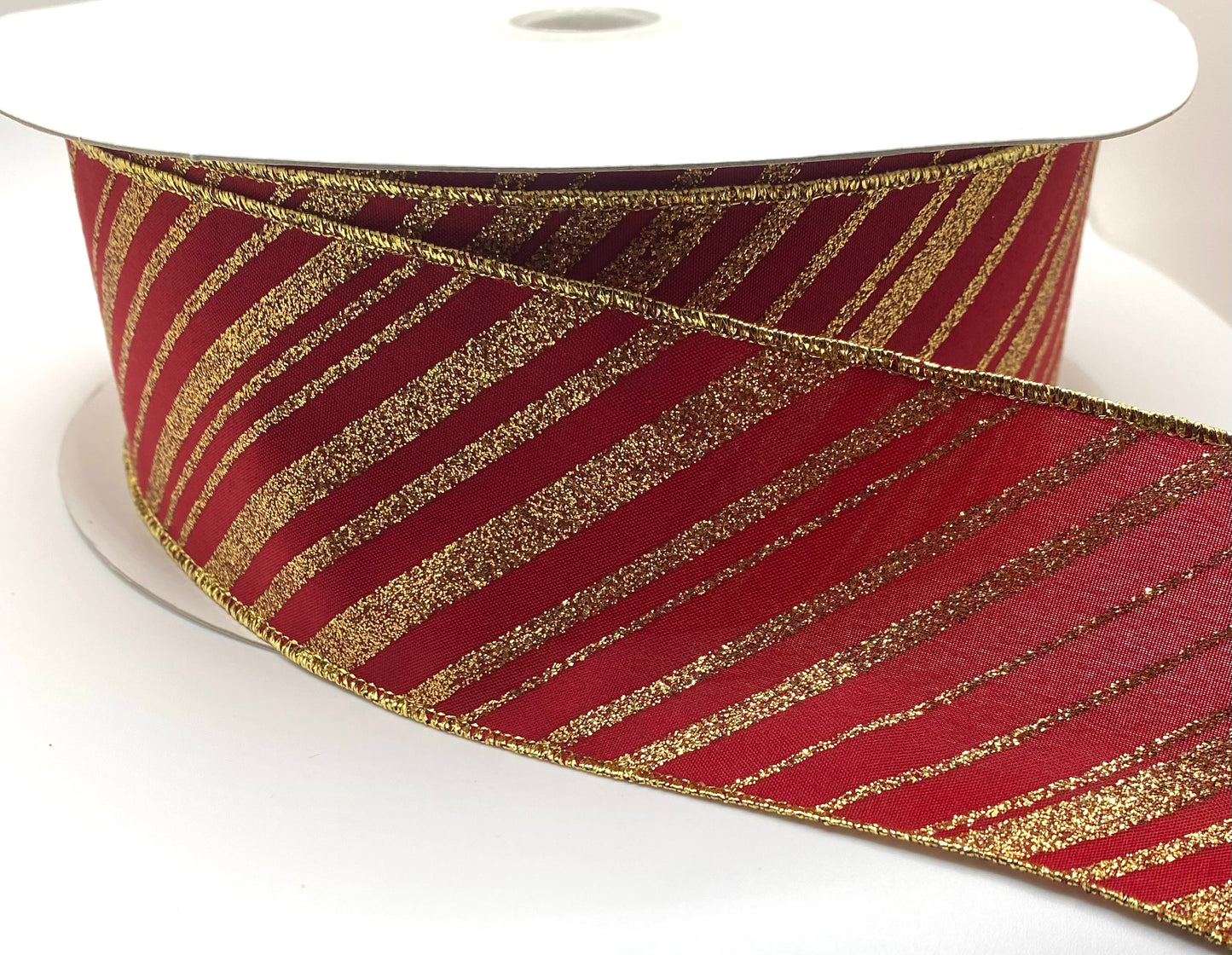 50 Yards - 2.5” Red and Gold Diagonal Stripe Christmas Ribbon