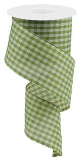 10 Yards - 2.5" Wired Green and White Gingham Check Ribbon