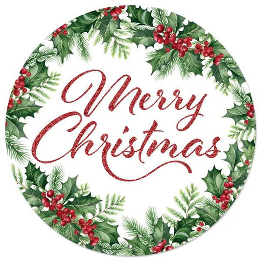 12” Round Metal Merry Christmas Tree Wreath Sign