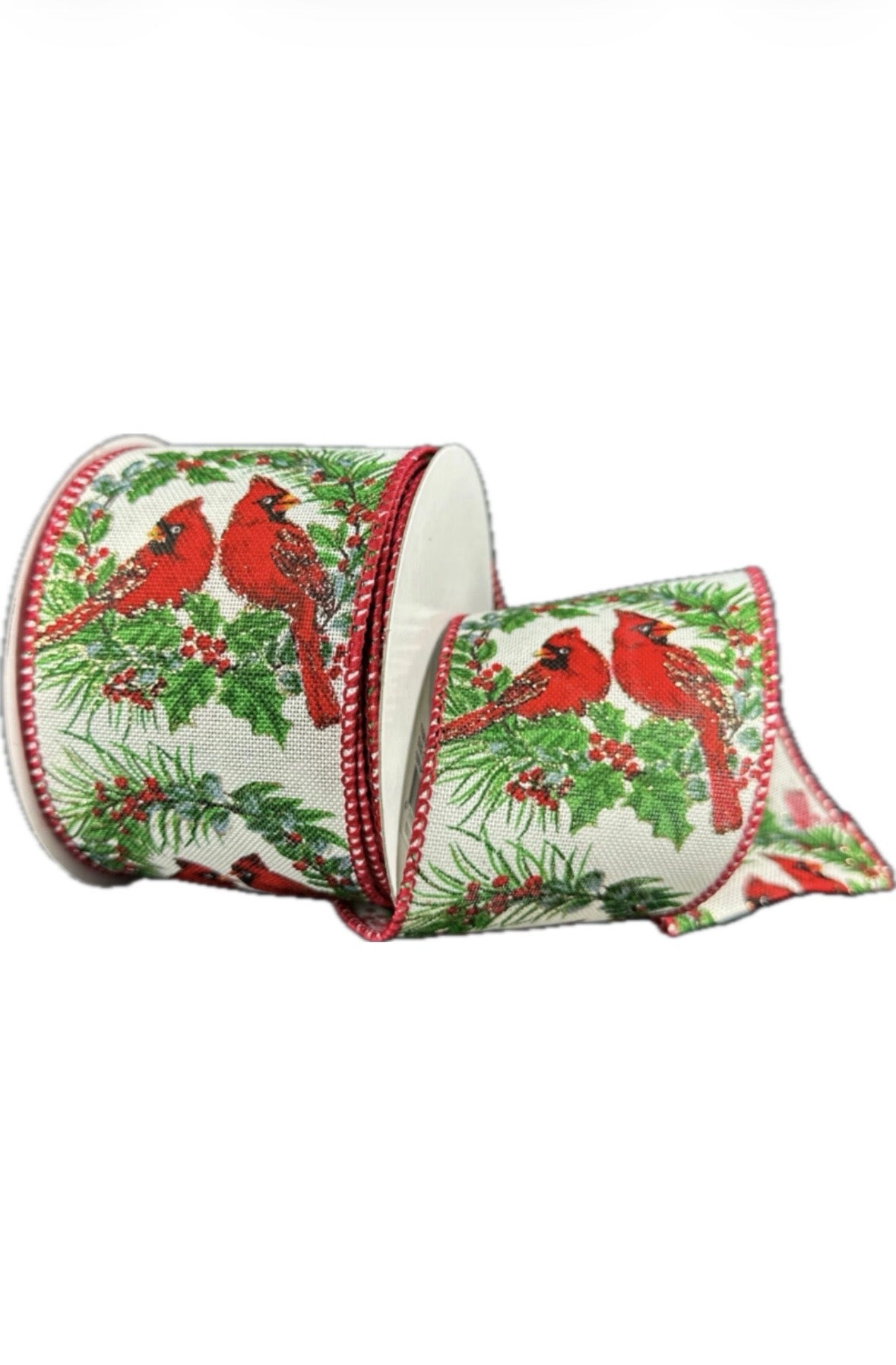 Wired Ivory Linen Best Bud Cardinals in Wreaths Ribbon- 2.5”x10 Yards