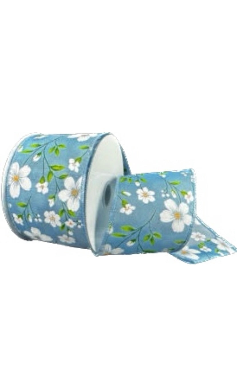 Wired Light Blue Satin White Flaxseed Flower Ribbon-2.5”x10 Yards