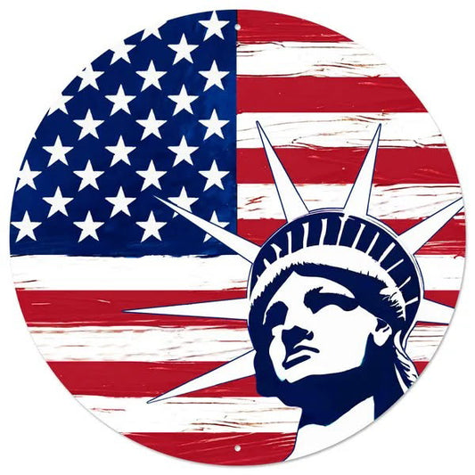 12” Round Metal Statue of Liberty Flag Wreath Sign