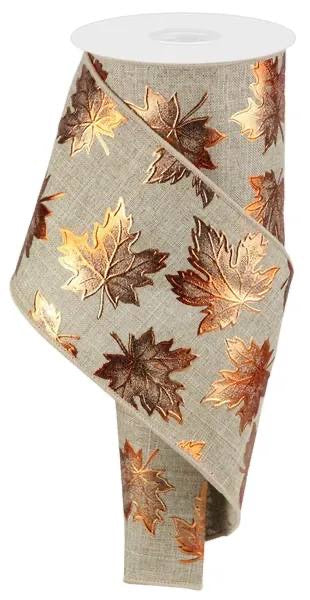 Wired Fall Leaves on Natural Ribbon- 4”x10 Yards